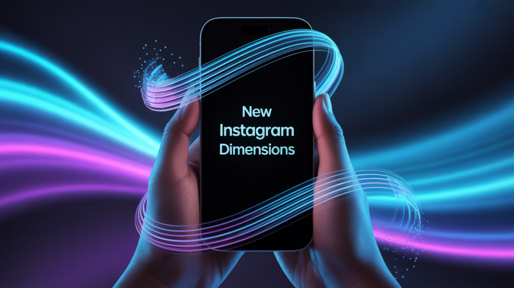 An illustration of a smartphone with a measuring tape around it, with glowing lines flowing to the screen, representing a guide to new Instagram dimensions.