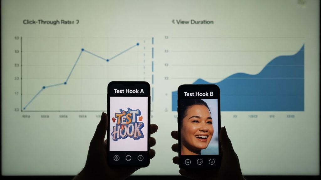 Two smartphone screens showing different video hooks are displayed next to data charts representing their performance metrics, illustrating the concept of testing and analyzing to optimize engagement.