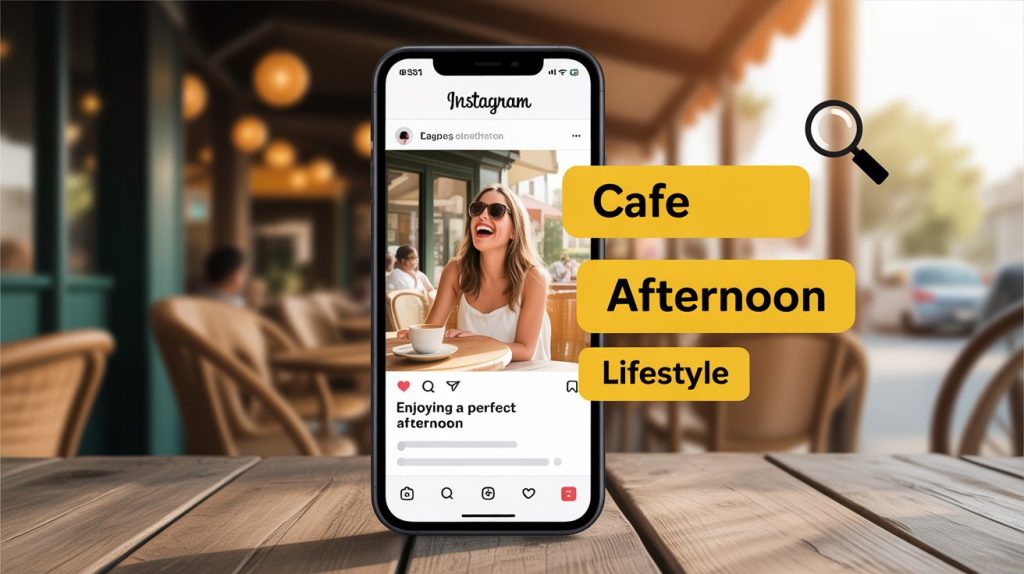 An illustration of a smartphone screen with an Instagram description, with keywords highlighted and a magnifying glass to represent optimization for discovery.