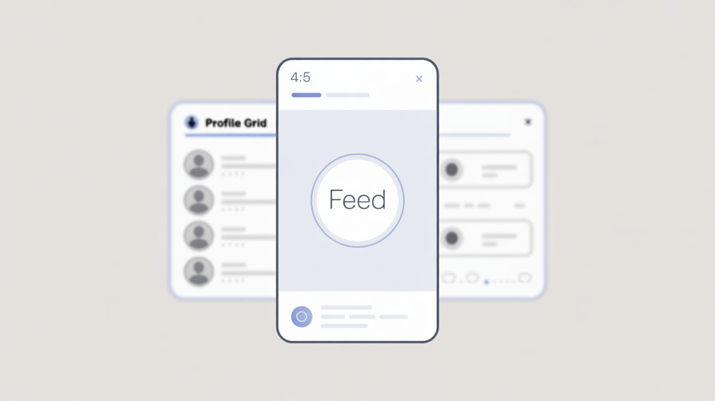 An illustration of a vertical rectangle with a "4:5" aspect ratio, with a "Feed" icon in the center and a "Profile Grid" icon in the background, representing optimized feed posts.