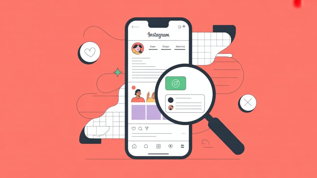 An illustration of an Instagram profile on a smartphone screen with a magnifying glass hovering over the bio and keywords, representing profile optimization.