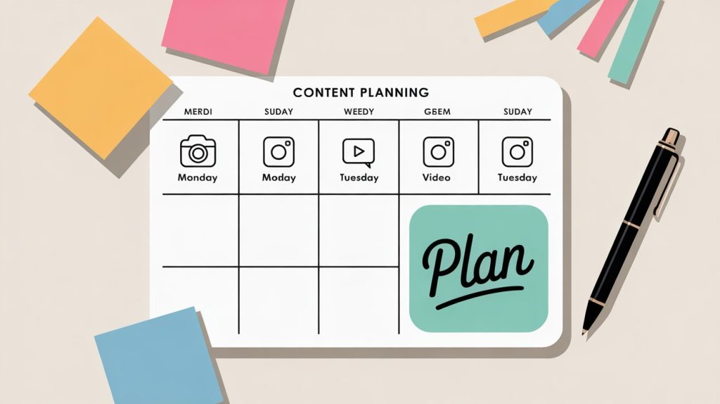 An illustration of a weekly planner with different Instagram post icons on each day, representing the practice of planning content on a Sunday.
