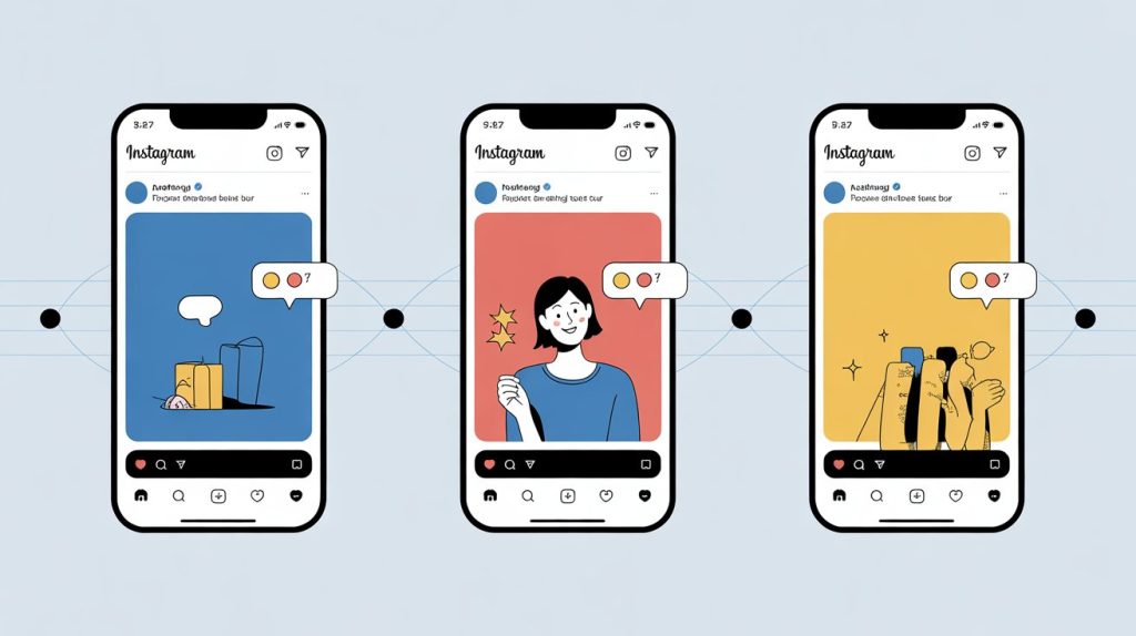 An illustration of three different Instagram Story screens placed on a timeline, representing a strategy of posting regularly throughout the day.
