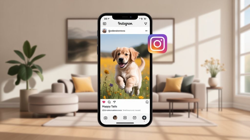 An illustration of a smartphone screen showing a high-quality image on an Instagram profile, with a camera icon representing the focus on high-quality visuals.