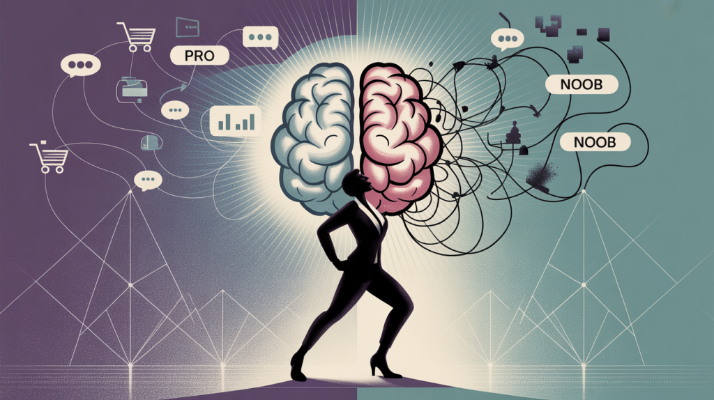 An illustration of a figure with a split brain, one side "Pro" with organized icons, and the other "Noob" with chaotic icons, representing the difference in mindsets.
