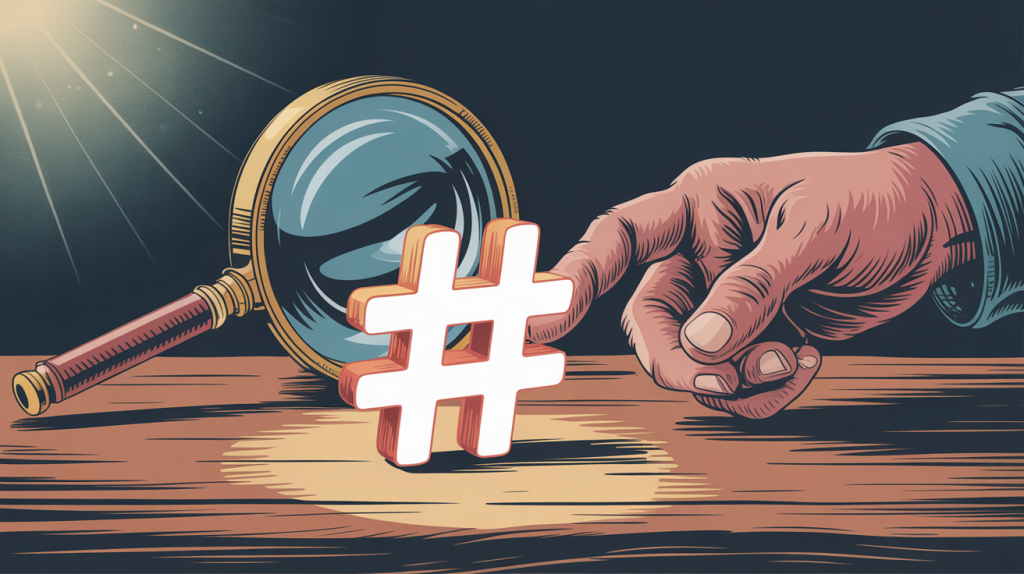 An illustration of a hand reaching for a hashtag, with a magnifying glass in the background, representing the proactive discovery of a targeted audience.
