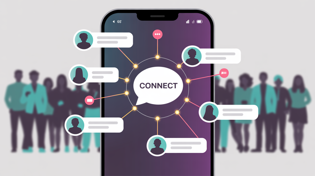 An illustration of a smartphone screen with a network of connected profiles and icons for comments and DMs, representing proactive community engagement.
