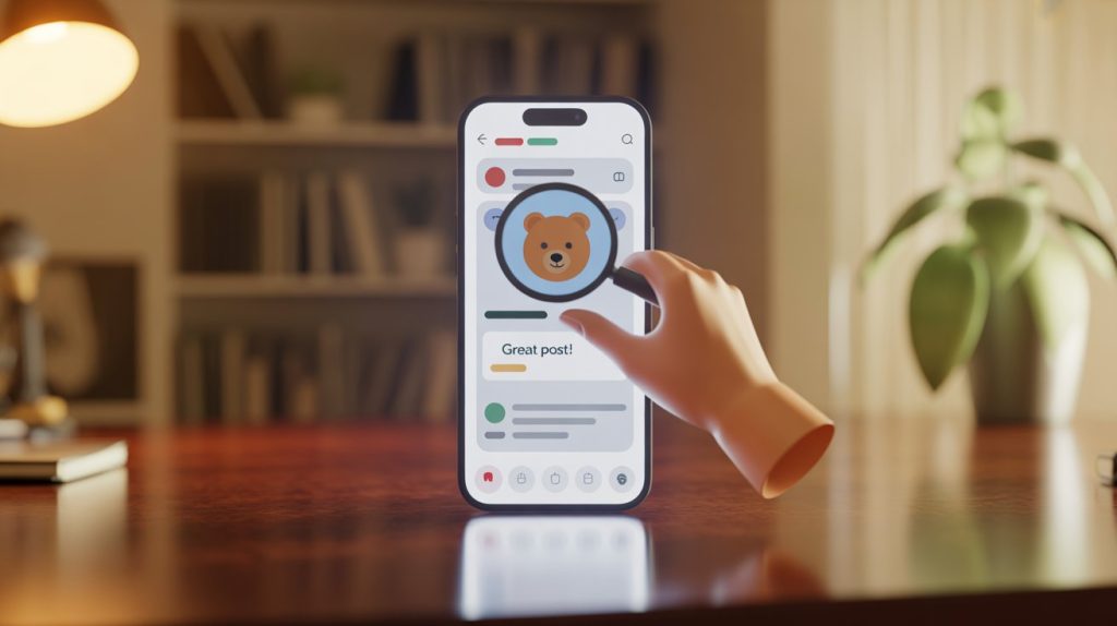 An illustration of a smartphone screen with a magnifying glass hovering over a niche profile, with a hand leaving a comment to represent proactive engagement and outreach.
