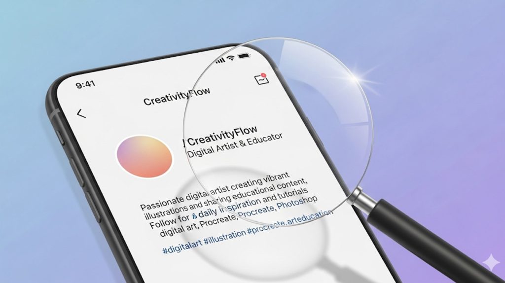 An illustration of a phone screen with an Instagram profile. A magnifying glass highlights the profile name, handle, and bio, visually representing how a user would search and find a profile.