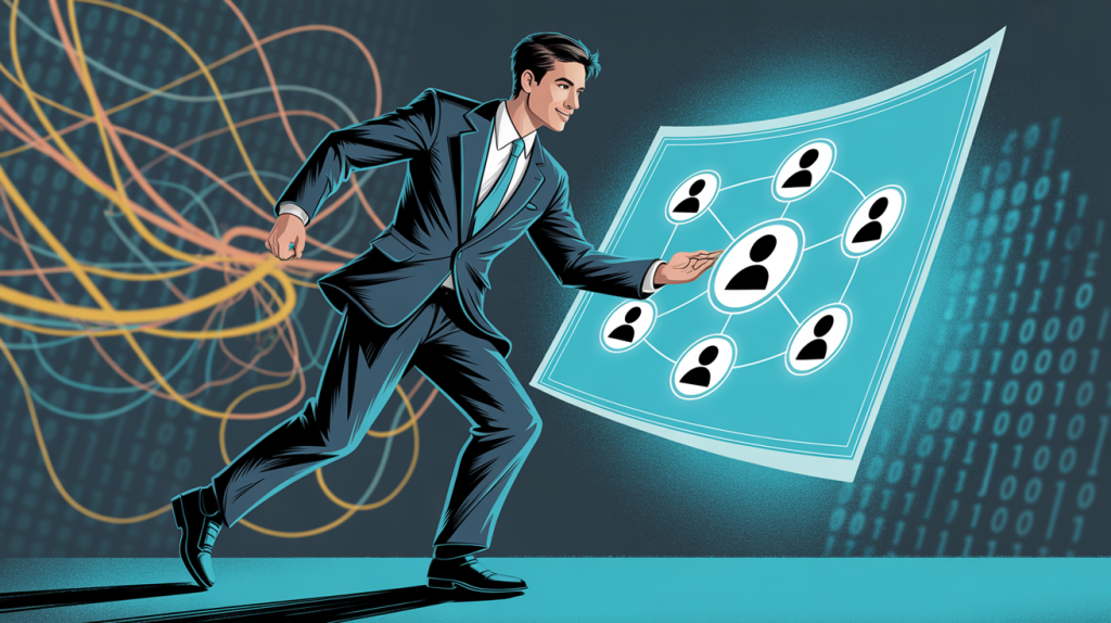 An illustration of a business owner holding a blueprint for customer acquisition, navigating a digital landscape, representing a guide to getting more customers.