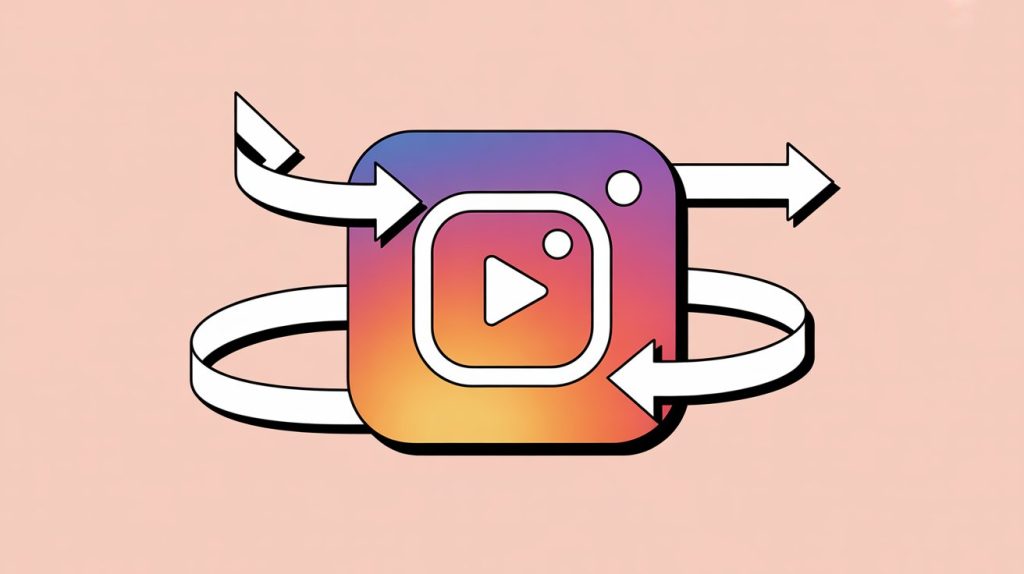 An illustration of an Instagram Reel with a play button and arrows pointing outwards, representing the Reel's potential for new audience discovery.