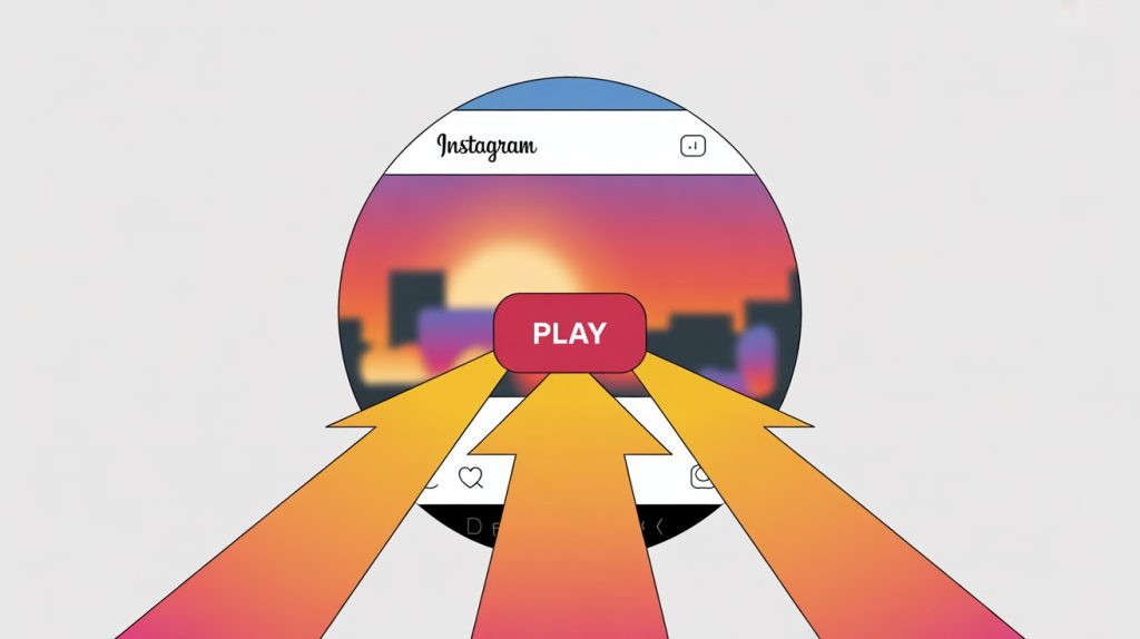 An illustration of an Instagram Reel with a play button and arrows pointing outwards, representing the Reel's potential for new audience discovery.