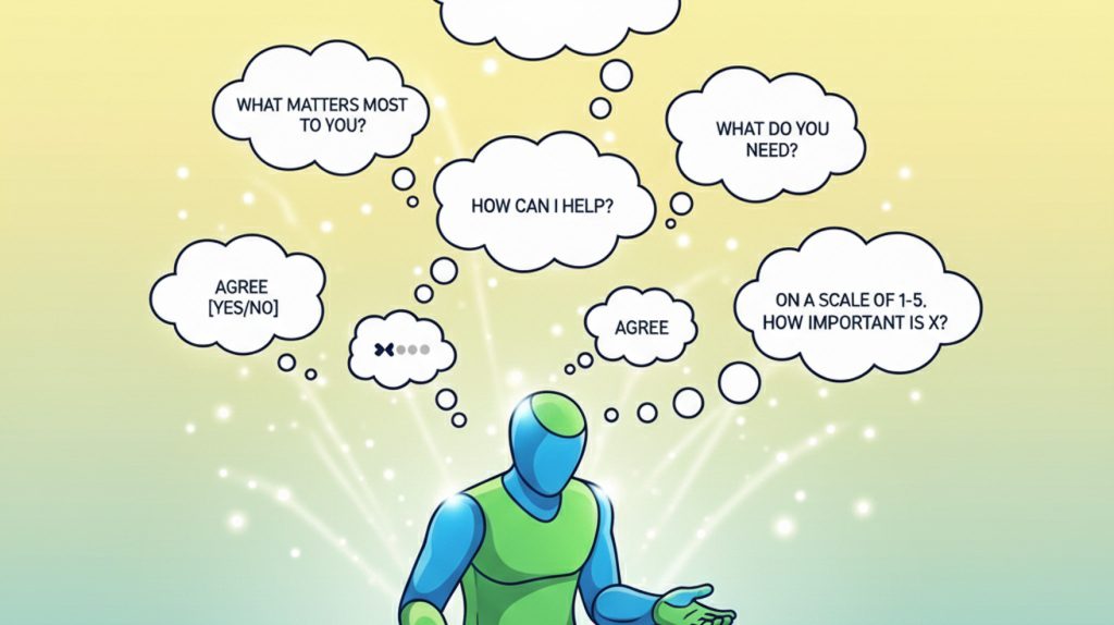 A wide illustration of a stylized figure engaging a crowd, with thought bubbles above their head asking questions and conducting polls, representing the foundational ideas of building audience relationships through stories.