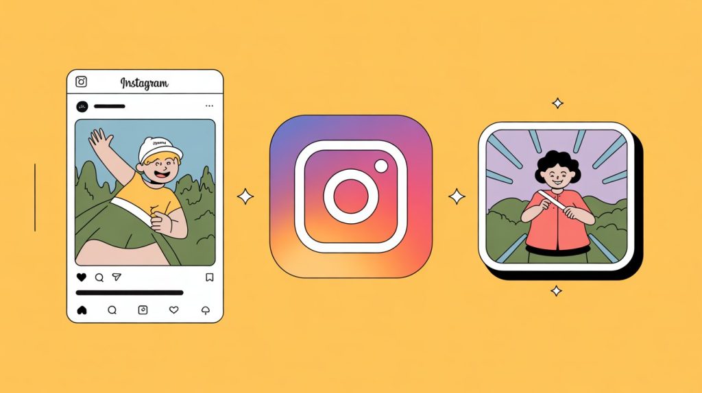 An illustration showing an old, static Instagram post being transformed into a new, dynamic Reel to represent the repurposing of successful content.