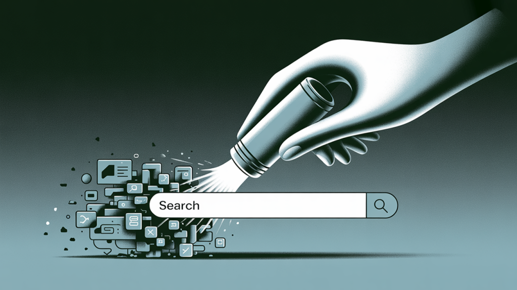 An illustration of a hand erasing a messy search history on a screen, leaving a clean search bar, representing the act of resetting the algorithm.
