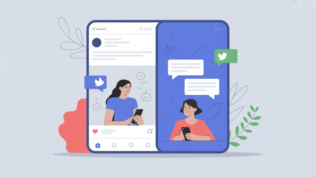 An illustration of a smartphone split screen, showing a user responding to comments on a post and a direct message, representing the importance of two-way engagement.
