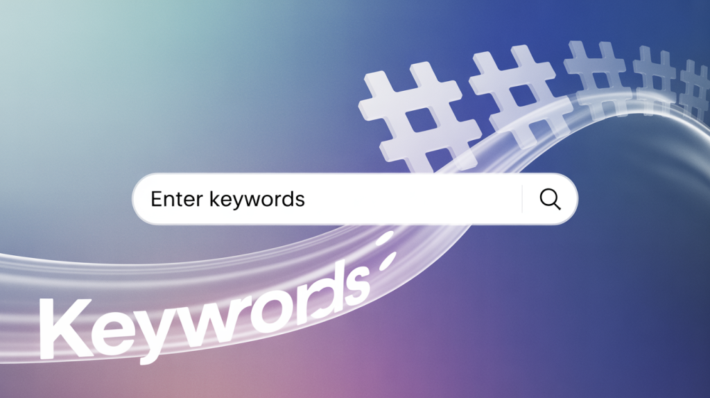 An illustration of a search bar with keywords flowing into it, while hashtags dissolve, representing the new focus on SEO for discoverability.