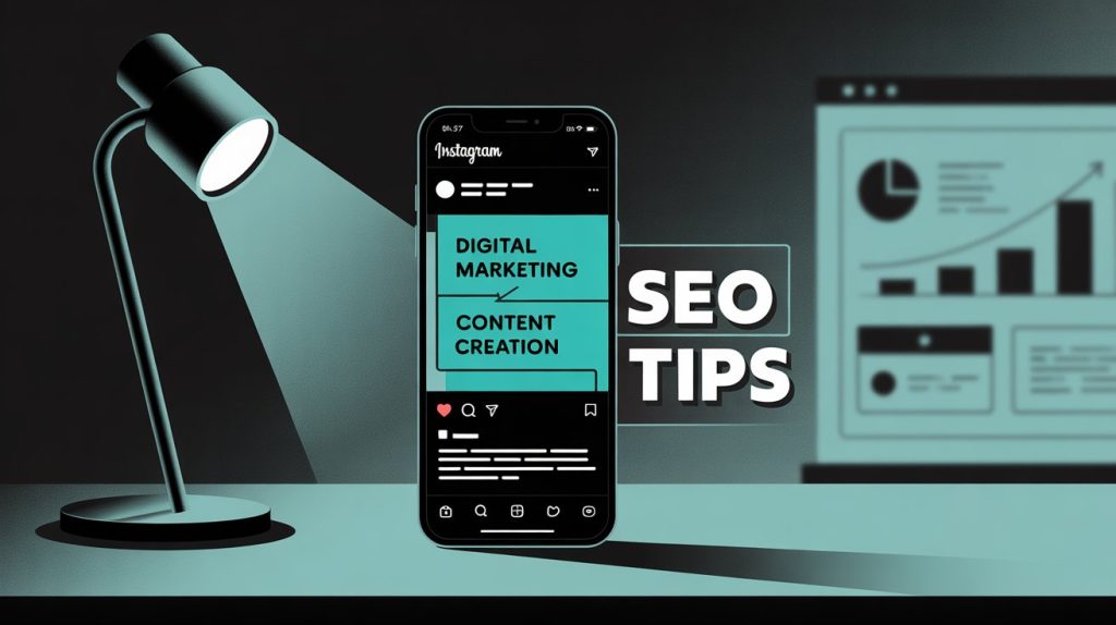 An illustration of a smartphone screen with keywords highlighted in the Instagram bio, captions, and on-screen Reel text, representing a strategic deep dive into SEO.