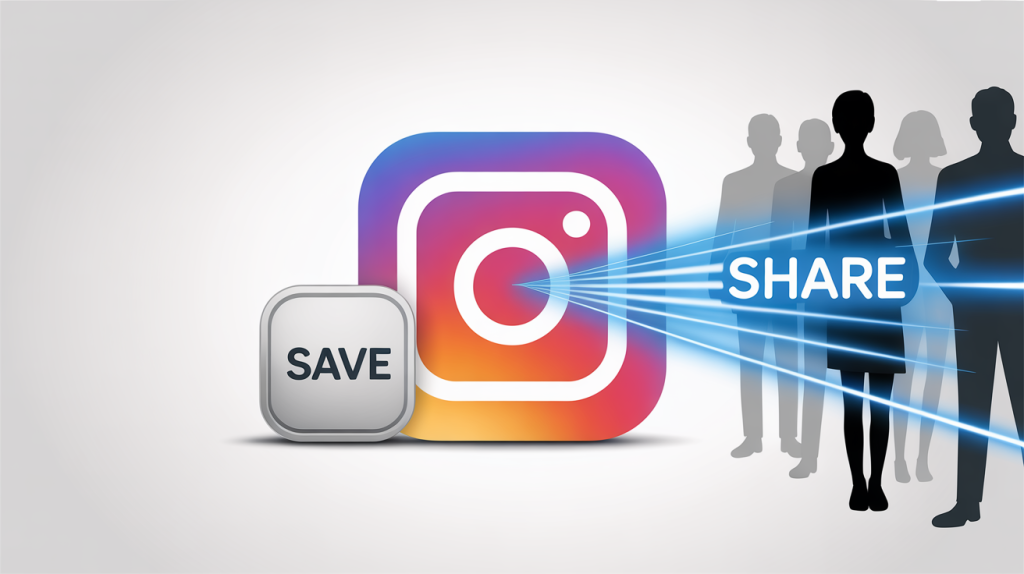 An illustration showing a small "Save" icon next to a large, dynamic "Share" icon with lines flowing to a network of people, representing the new social currency on Instagram.