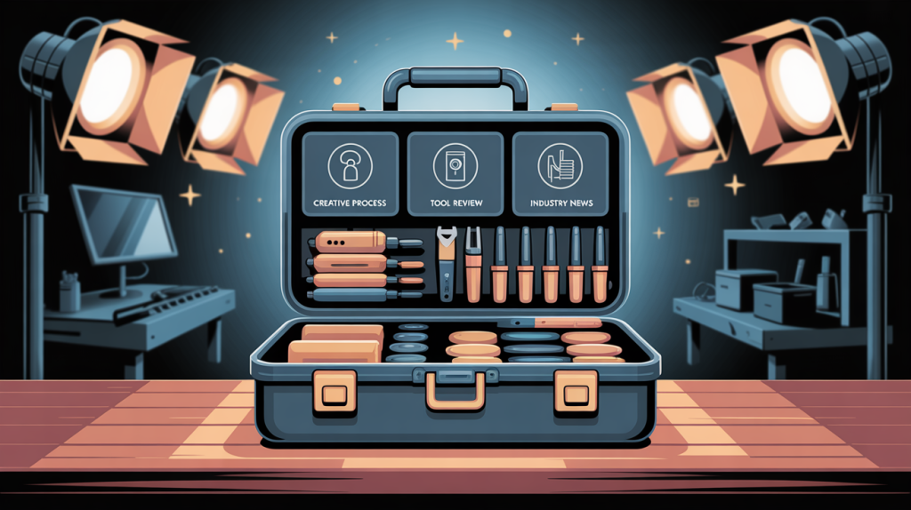 An illustration of a professional toolkit with icons for a creative process, tool review, and industry news, representing the act of showcasing expertise.