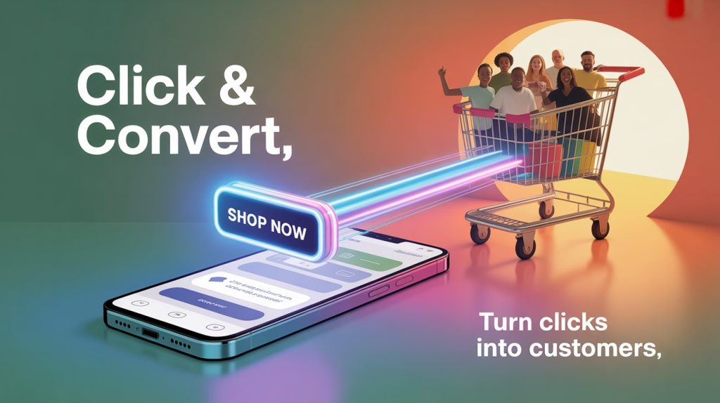 An illustration of a smartphone screen with a glowing CTA button that acts as a bridge, leading to a shopping cart and a group of happy people, symbolizing converting clicks into customers.