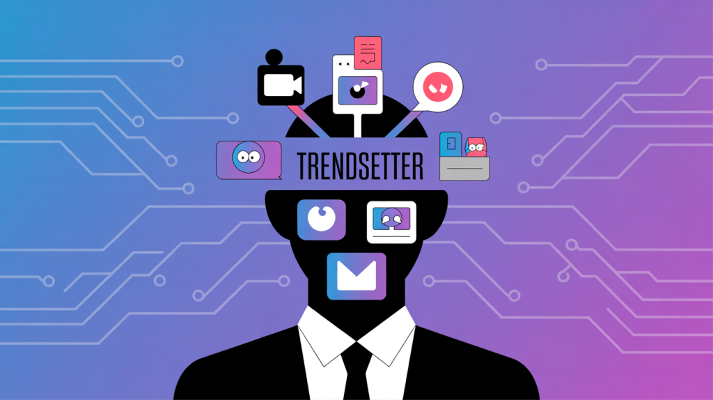 An illustration of a head connected to icons for video, news, and memes, representing a strategic approach to social media content trends.