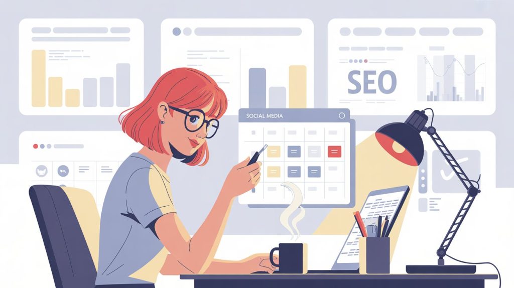 An illustration of a social media manager at a desk focused on a content calendar, with separate areas for email and SEO marketing in the background, representing that social media is just one part of a larger marketing strategy.