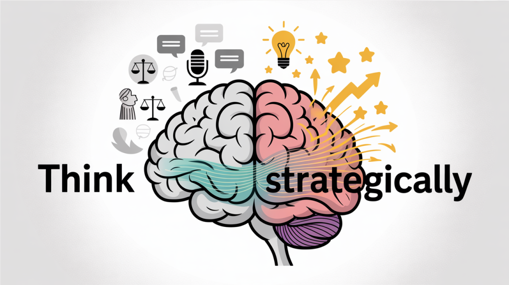 An illustration of a brain with icons for debate on one side and motivation on the other, representing the strategic use of controversy and inspiration.