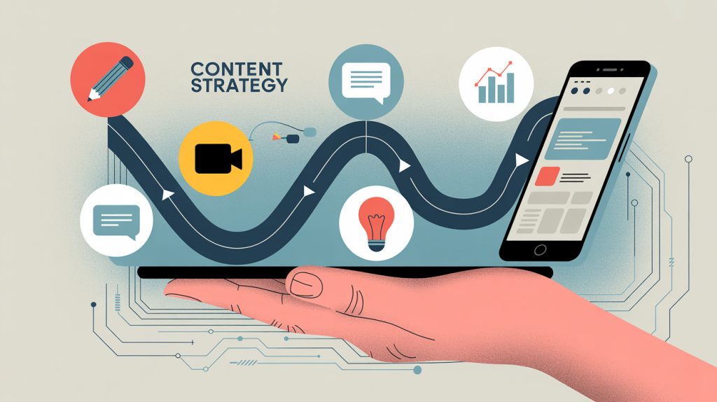 An illustration of a hand holding a roadmap with icons representing a 5-pillar content strategy, with lines flowing to a smartphone.