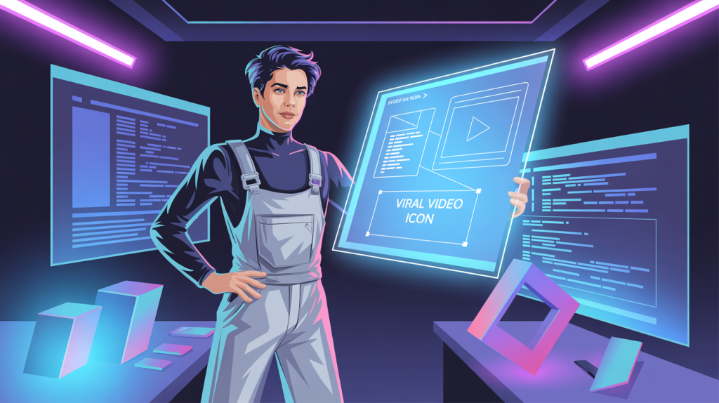 An illustration of a figure in a digital workshop, using a glowing blueprint or template to build a viral video icon, representing a guide to using templates for viral content.