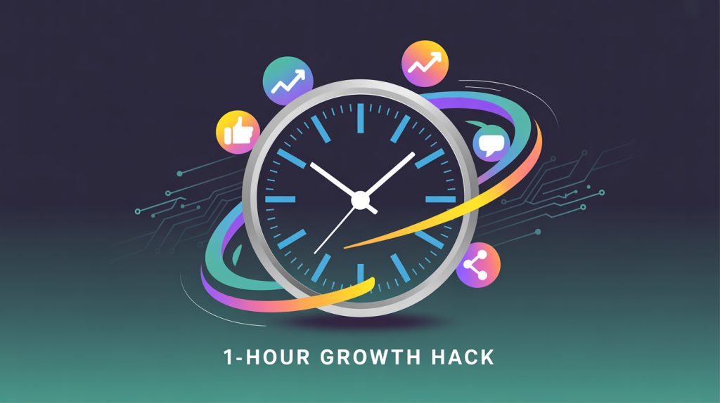 An illustration of a clock with growth icons spinning around it, representing a one-hour Instagram growth hack.