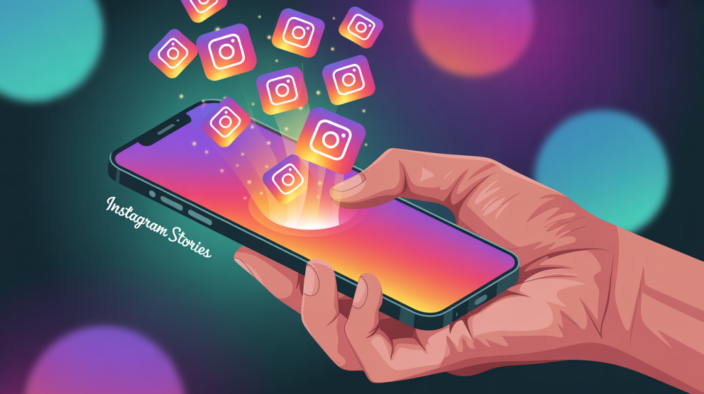 An illustration of a hand holding a smartphone with glowing icons for story features flowing from the screen, representing the power of Instagram Stories.