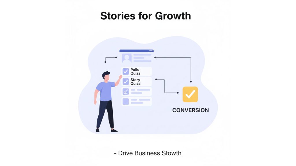 A professional digital illustration of a stylized, abstract figure holding a glowing playbook with icons for polls, quizzes, and questions, representing a guide to Instagram engagement.