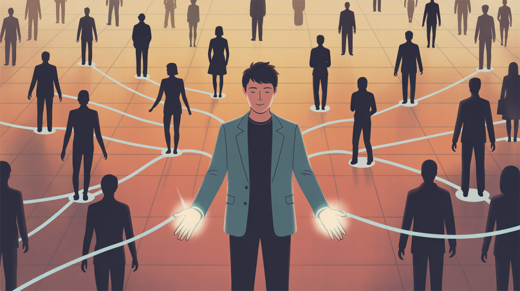 An illustration of a figure with glowing lines connecting to other people, representing the power of storytelling and networking.