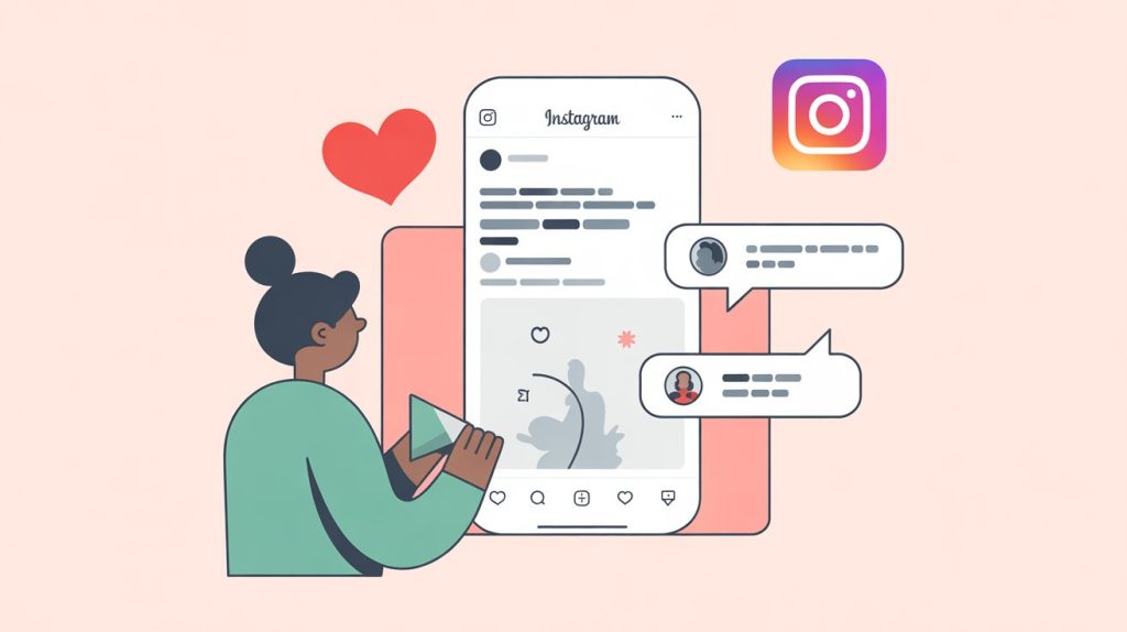 An illustration of a person typing a thoughtful comment on another creator's Instagram post, representing a strategic, two-way engagement process.