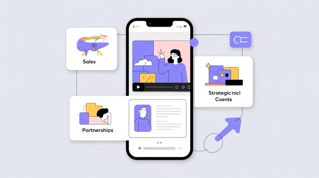 An illustration of a smartphone screen with a promotional video, and icons for sales, partnerships, and events, representing strategic content.