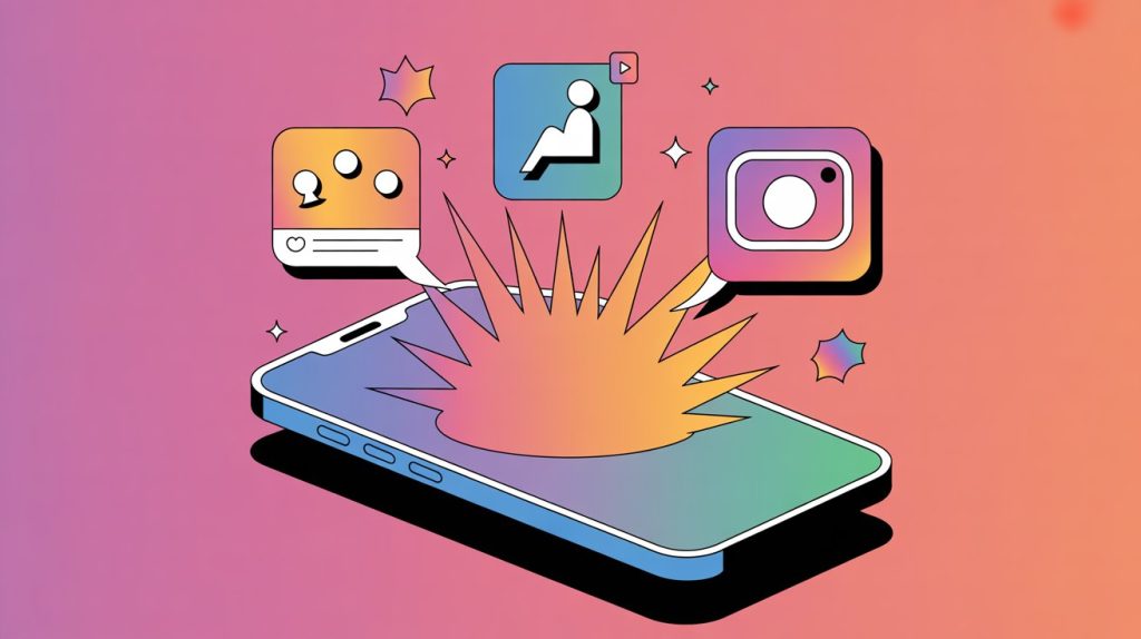 A vibrant illustration of a smartphone with an Instagram Story, showing icons for polls and videos bursting out of the screen, representing a strategy to boost story views.