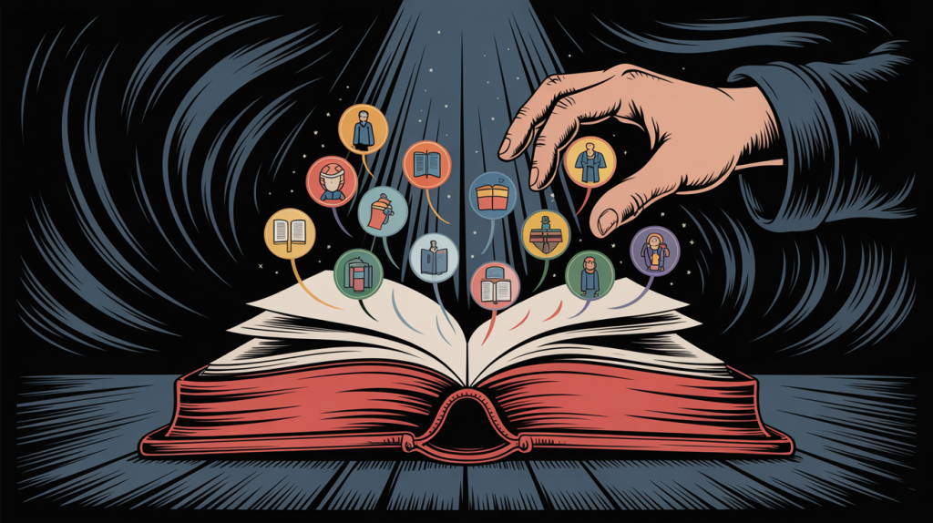 An illustration of a hand opening a glowing book with journey icons emerging, representing telling a brand's story.