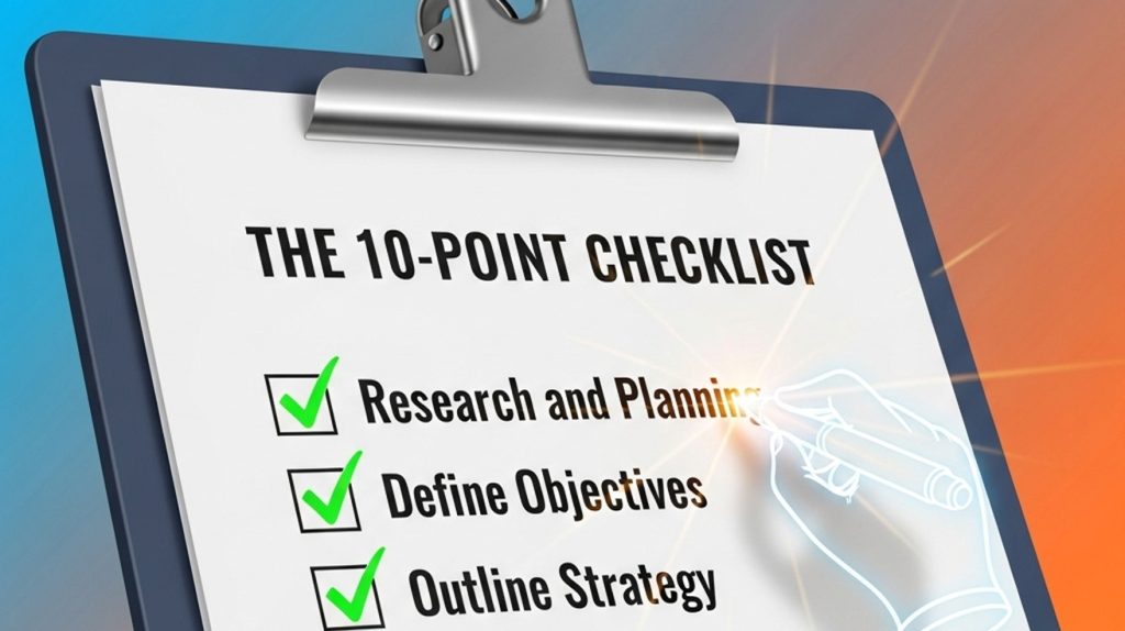 An illustration of a checklist on a clipboard with a pen about to check an item, representing a strategic guide for creating effective content.