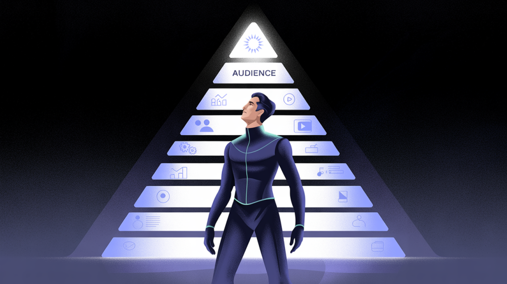 An illustration of a figure standing at the base of a glowing pyramid blueprint with 10 rules, representing a guide to creating viral carousels.