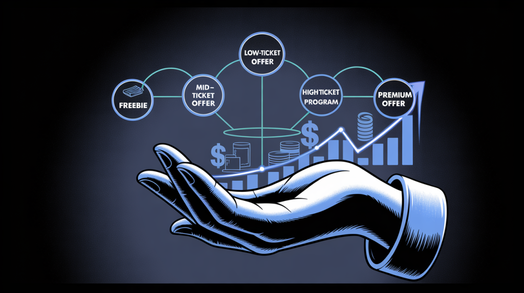 An illustration of a hand holding a blueprint for a sales funnel, with icons for freebies and different ticket offers, representing a guide to a profitable Linktree template.