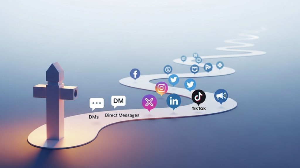 An illustration of an Instagram post with a long, winding path behind it, filled with icons for various actions, representing the long-term routine for extending a post's lifespan and reach.