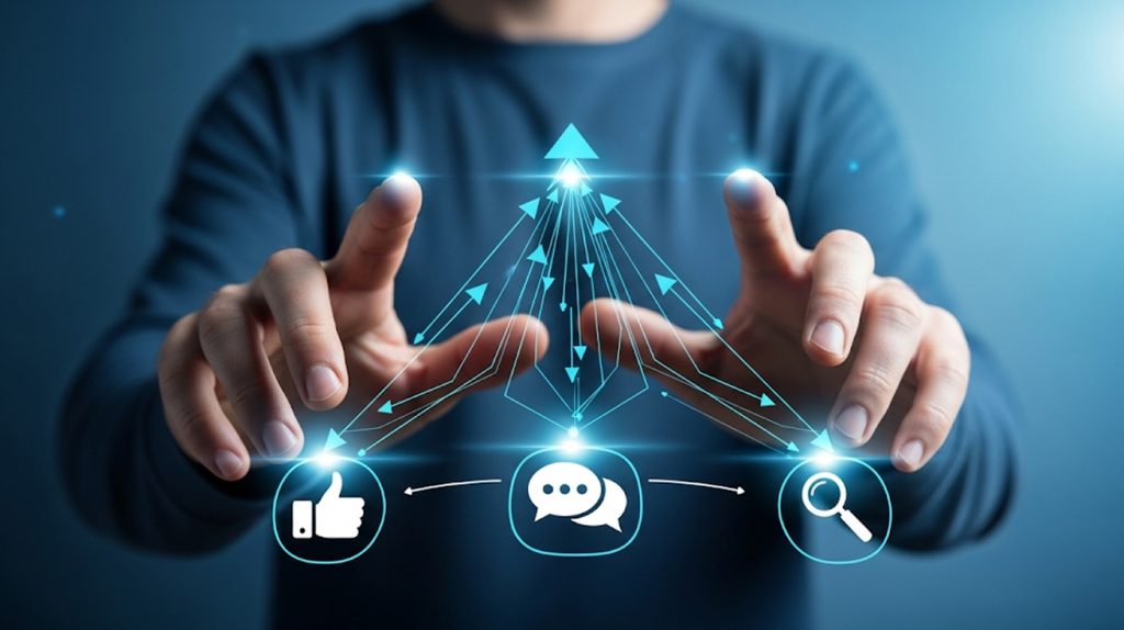 A visual representation of a person's hands with arrows pointing inwards towards icons for social media engagement, symbolizing the routine of priming the algorithm before posting.