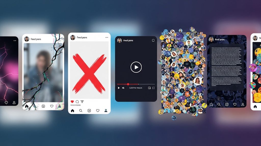 An illustration of a series of broken Instagram Stories filled with common mistakes like a post from a feed, a video without subtitles, and too many at once, symbolizing what to avoid.