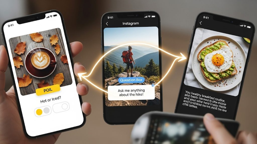 An illustration of a series of engaging Instagram Stories with interactive stickers and longer text, symbolizing a strategic approach to creating valuable content.