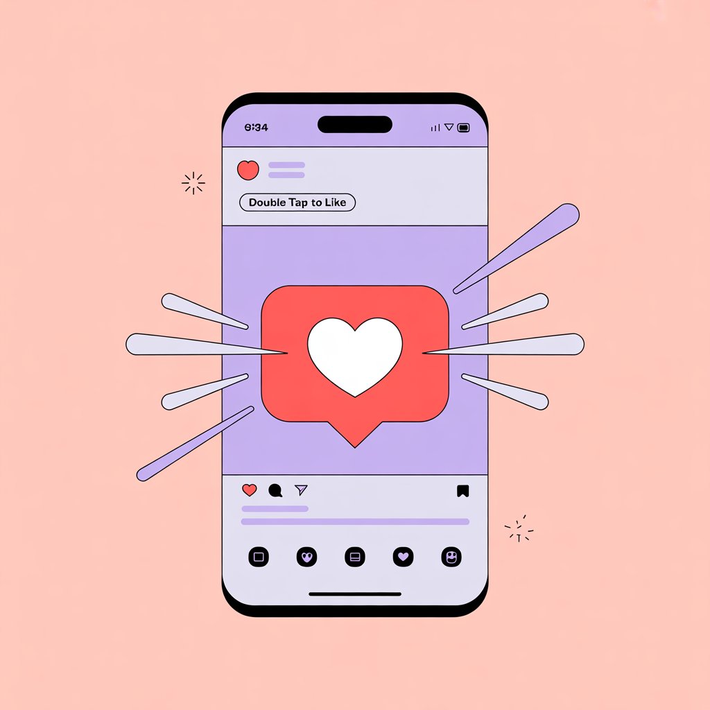 An illustration of a smartphone screen with a heart icon in the center that is pulsing, representing the "double tap to like" call-to-action.