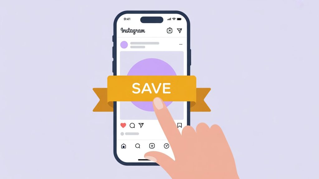 An illustration of a smartphone screen with a hand tapping a save ribbon icon on an Instagram post, representing a call-to-action for saving content.