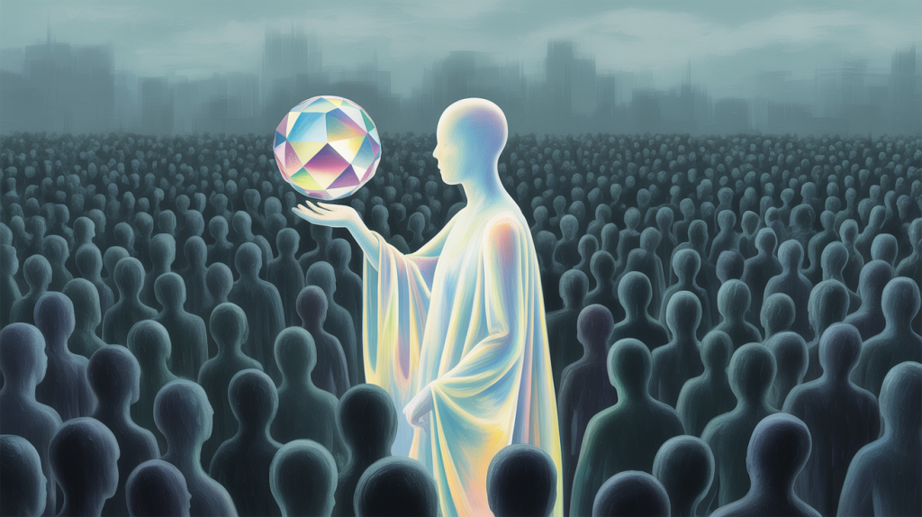 An illustration of a glowing figure in a crowd of gray figures, holding a unique object, representing the act of standing out.