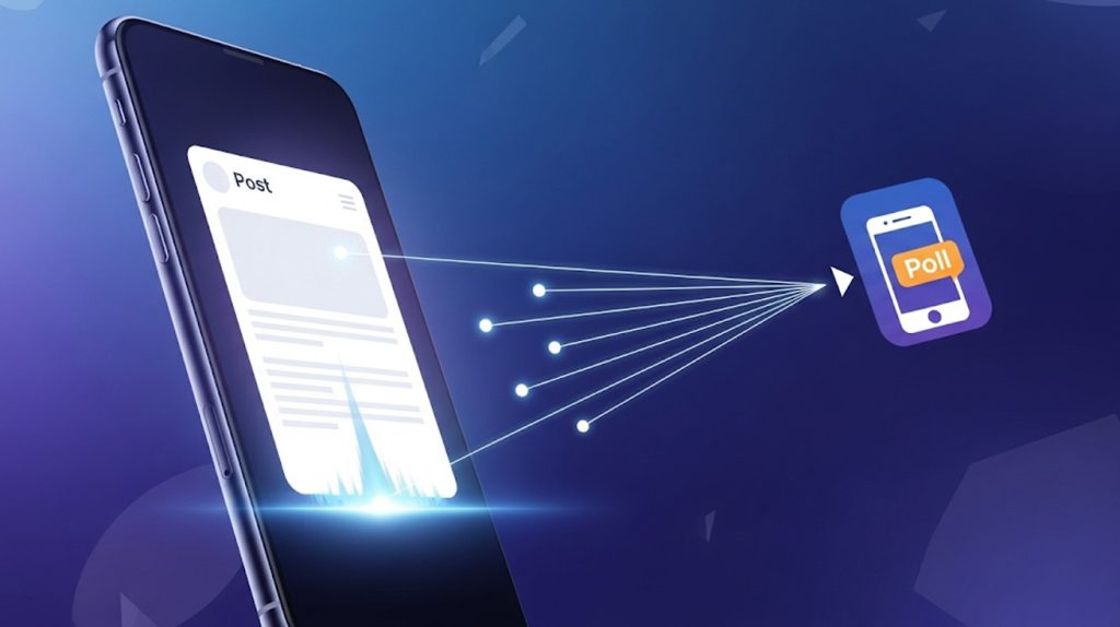 An illustration of a phone with a newly published post that is being shared to a Story with a poll sticker, symbolizing the crucial actions to take the moment a post goes live.