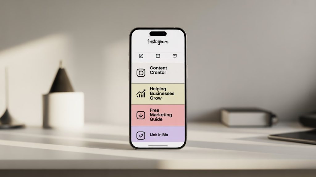 An illustration of a smartphone screen showing a structured, four-line Instagram bio with icons for clarity, unique value, an offer, and a call-to-action, representing a strategic bio formula.